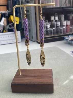 Handmade Purple & Gold Beaded Dangle Earrings with Gold Surf Charms